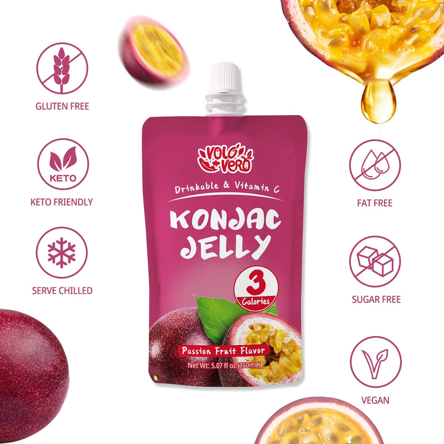 Volo Vero Konjac Jelly Squeeze Pouch Passion Fruit Flavor, Low Calories (3 Kcal), 10 Packs, Gluten Free & Vegan, 0 Sugar, Keto, Low Carb, Drinkable Vitamin C Healthy Snacks, Holiday Gifts