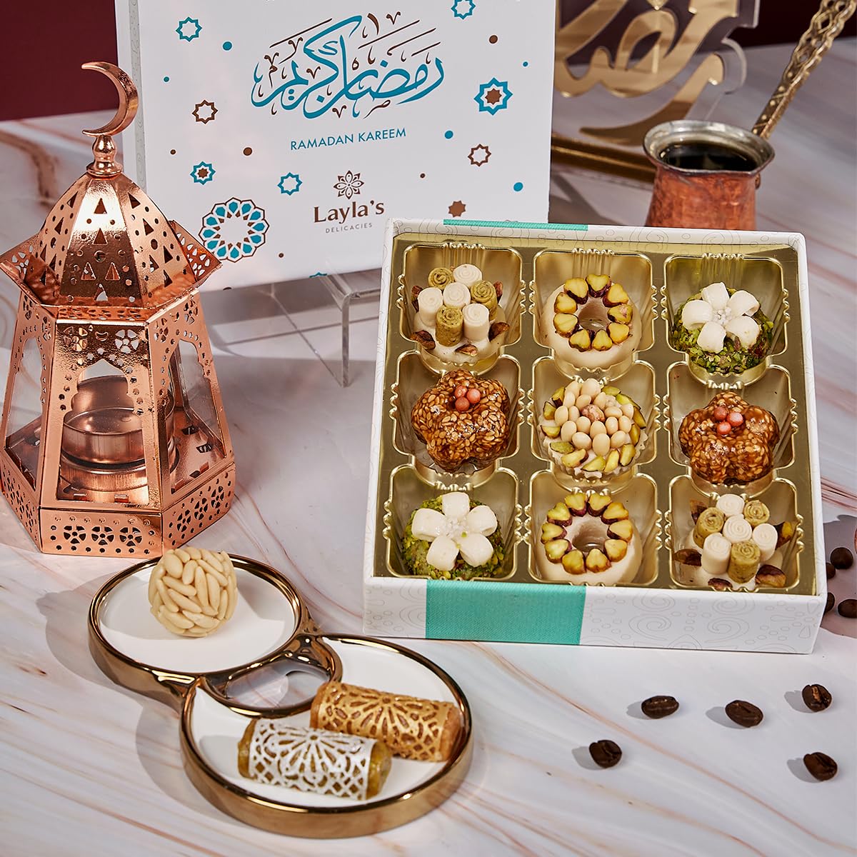 Laylas DELICACIES Mediterranean   Gift Box - 9 Bite-Size Halal, Vegetarian, Gluten Free Pastries - Ramadan Gift Box