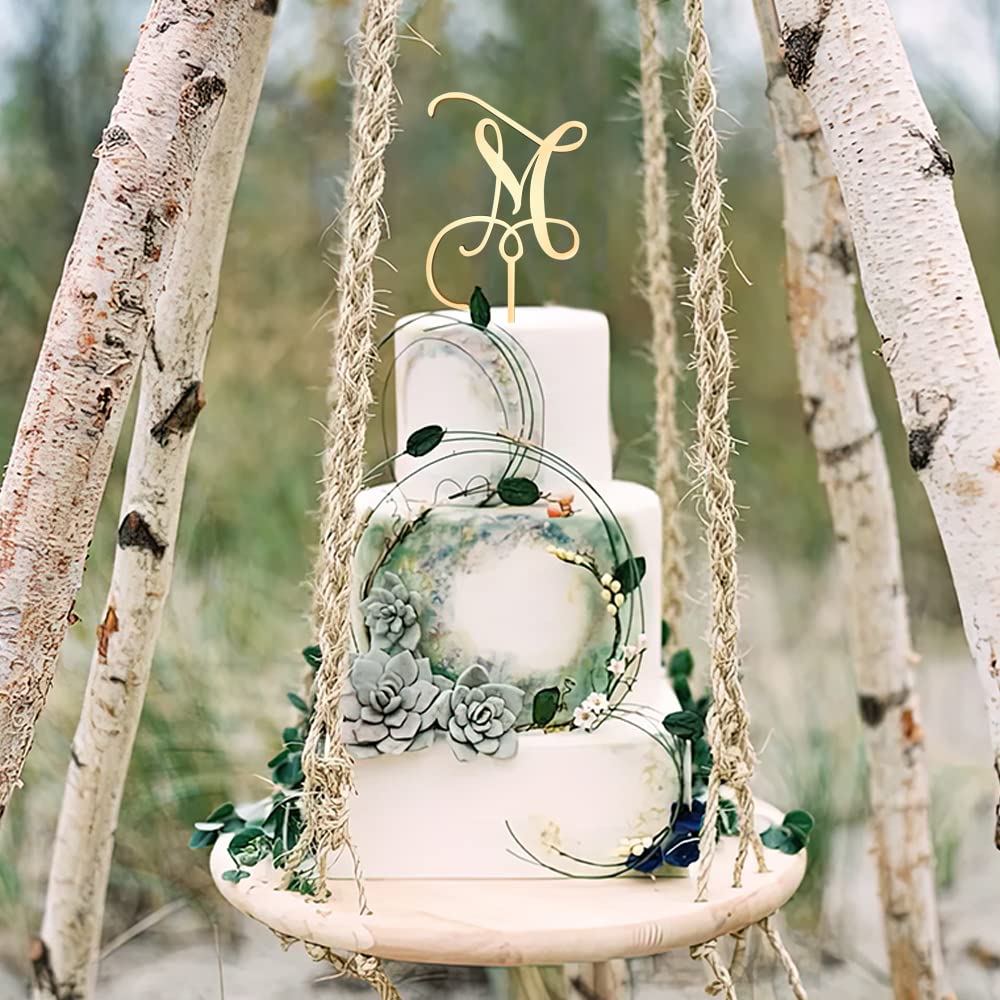 Kiskistonite Initials M Cake Topper, Monogram Cake Topper M, Rustic Wedding Cake Topper, Wreath Letter M Cake Topper, Mirror Gol