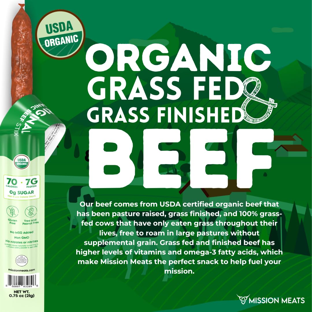 Mission Meats Beef Sticks - 100% Usda Certified Organic Snacks For Kids And Toddlers - Made With Organic, Grass Fed, And Pasture