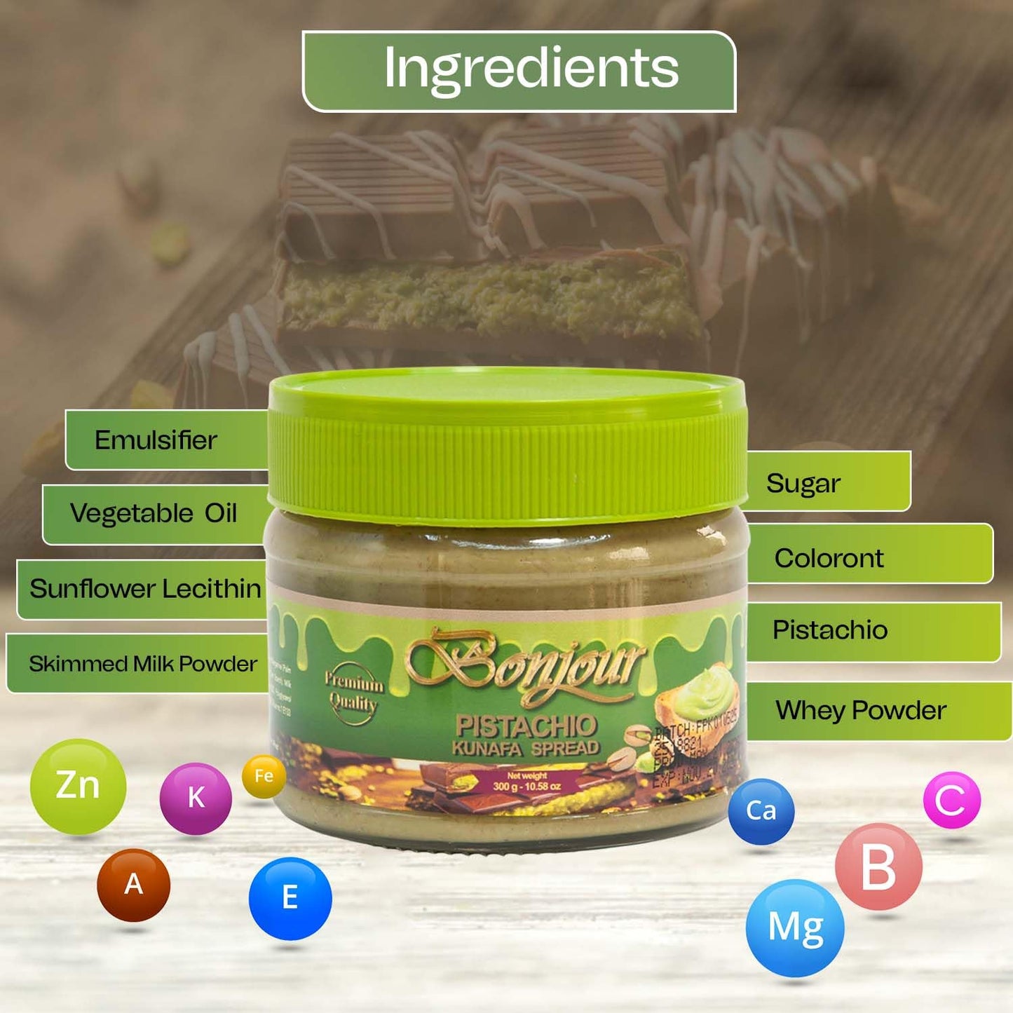 Bonjour Pistachio Kunafa Spread - Authentic Dubai Dessert Cream, 300g Jar