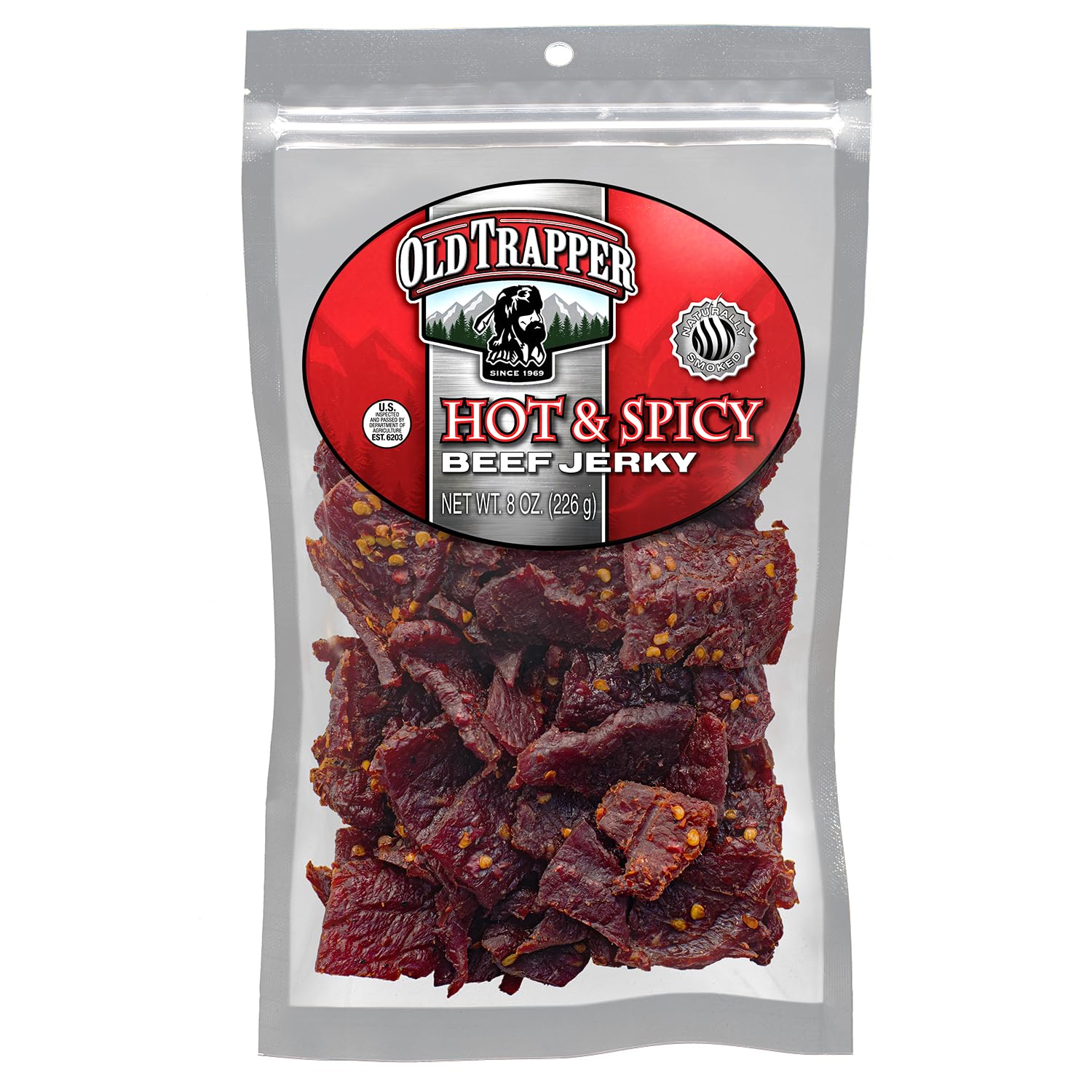 Old Trapper Beef Jerky, Hot & Spicy, 8 Ounce Pack, 11g Protein, Tender Meat Snacks