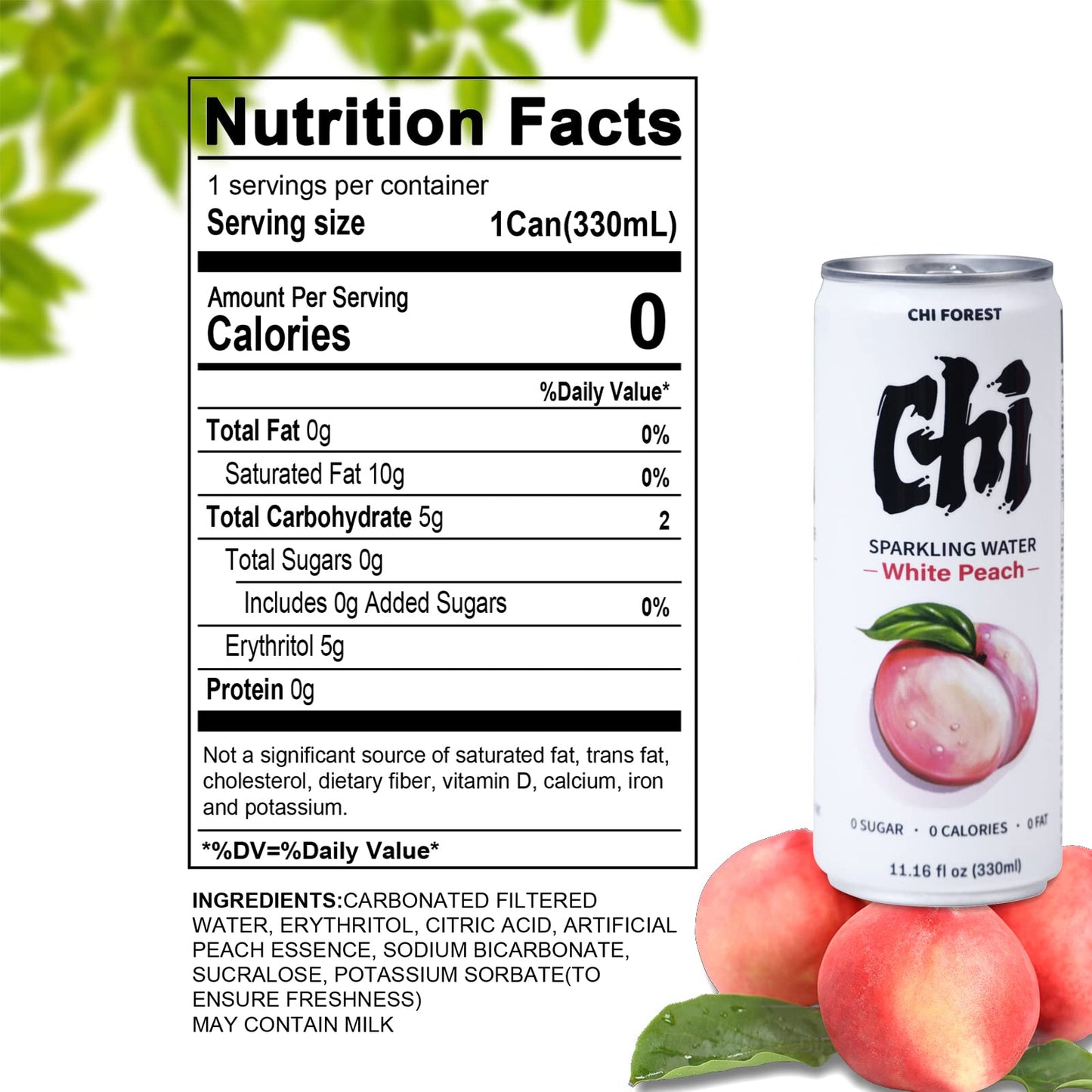 CHI FOREST White Peach Sparkling Water, 0 Calories and 0 Suger Flavored Bubbly Water, 11.16 Fl oz, Pack of 24