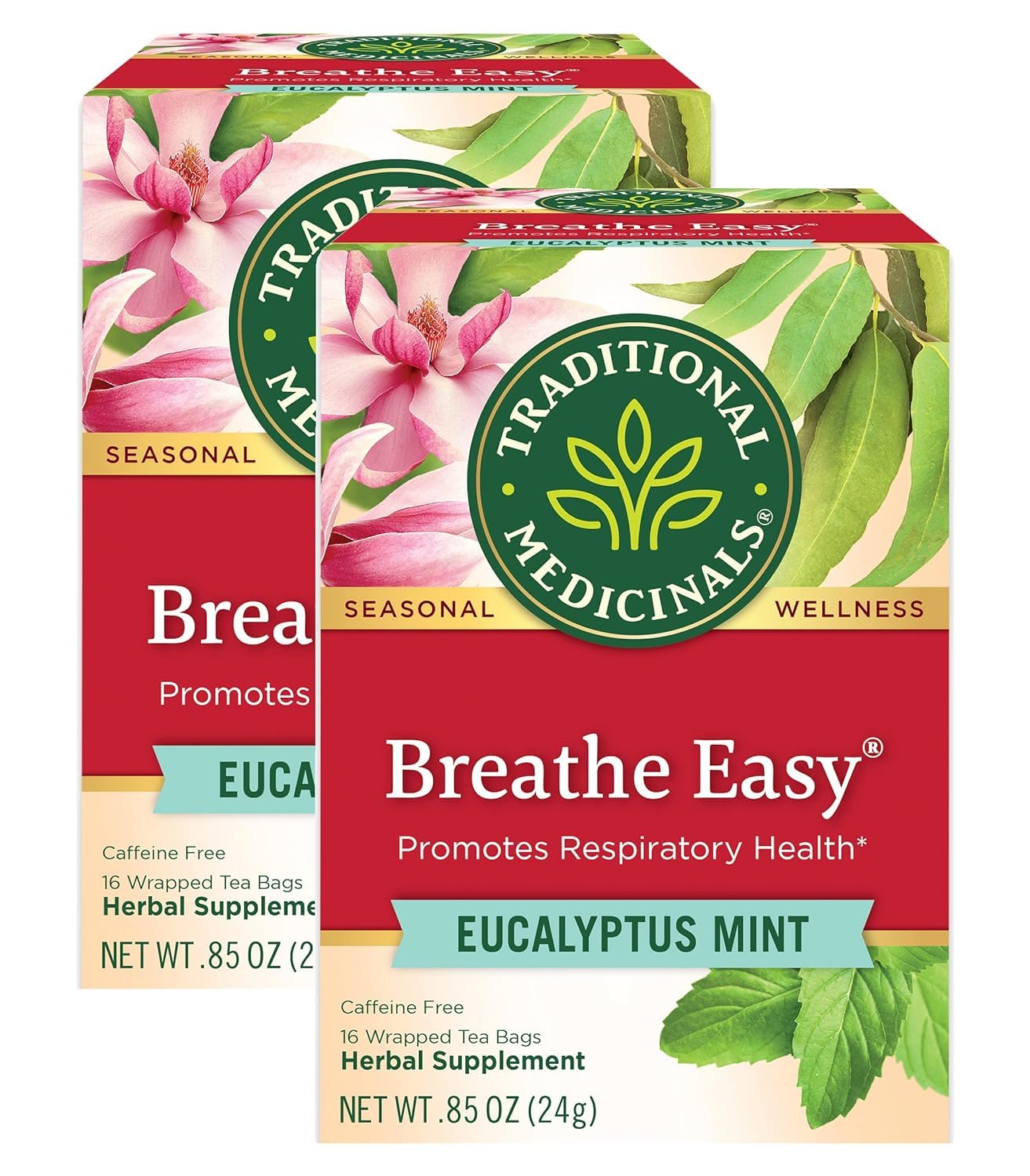 Traditional Medicinals Breathe Easy Eucalyptus Mint Herbal Tea, Promotes Respiratory Health, (Pack Of 4) - 64 Tea Bags Total