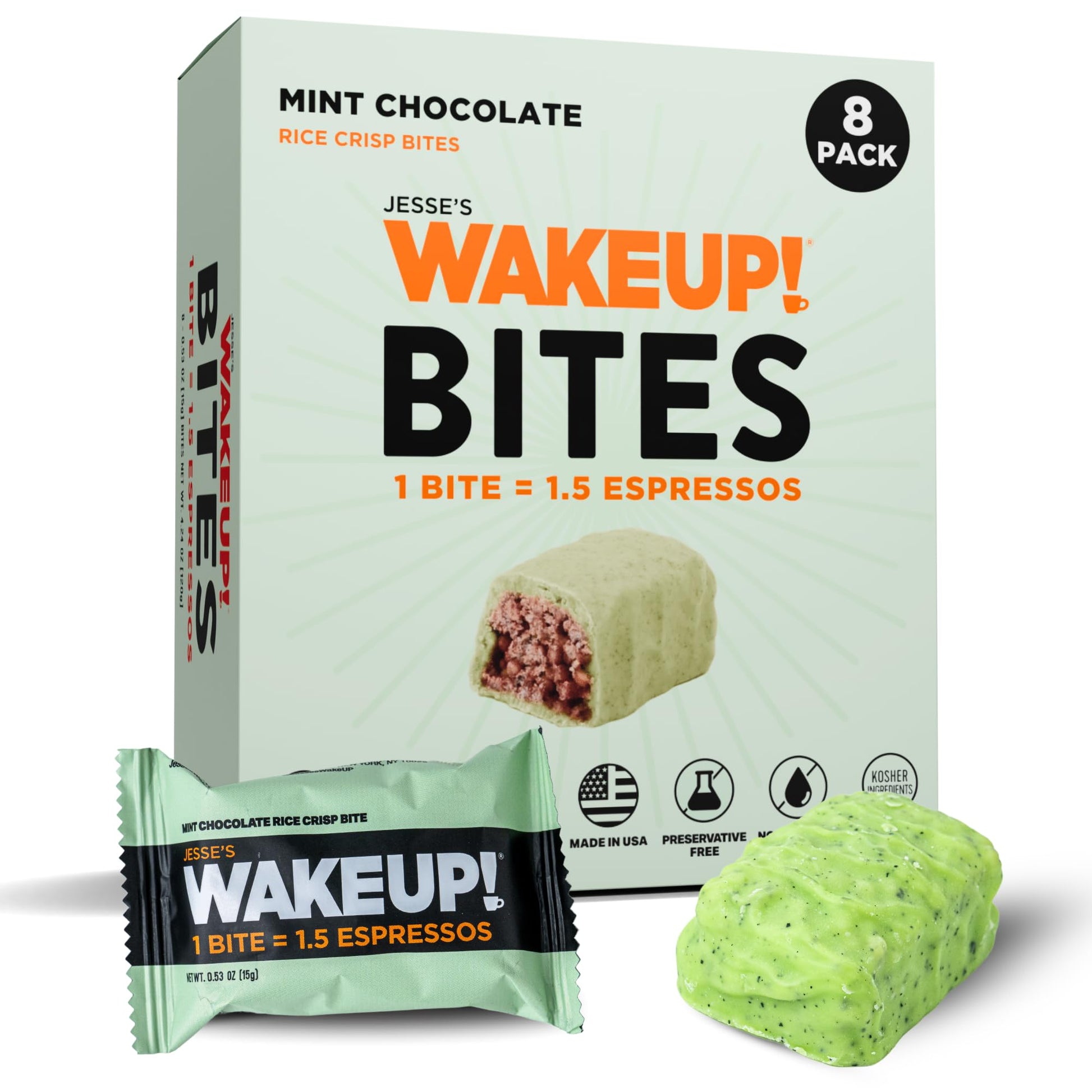 Wake Up! Mint Chocolate Caffeinated Protein Bites (1 Bite = 1.5 Espressos) – 175Mg Clean Caffeine For Energy, Focus & Happy Mornings – Gluten-Free, Kosher Ingredients, Vegetarian – Proprietary Blend For Smooth, Jitter-Free Energy – 8 Pack