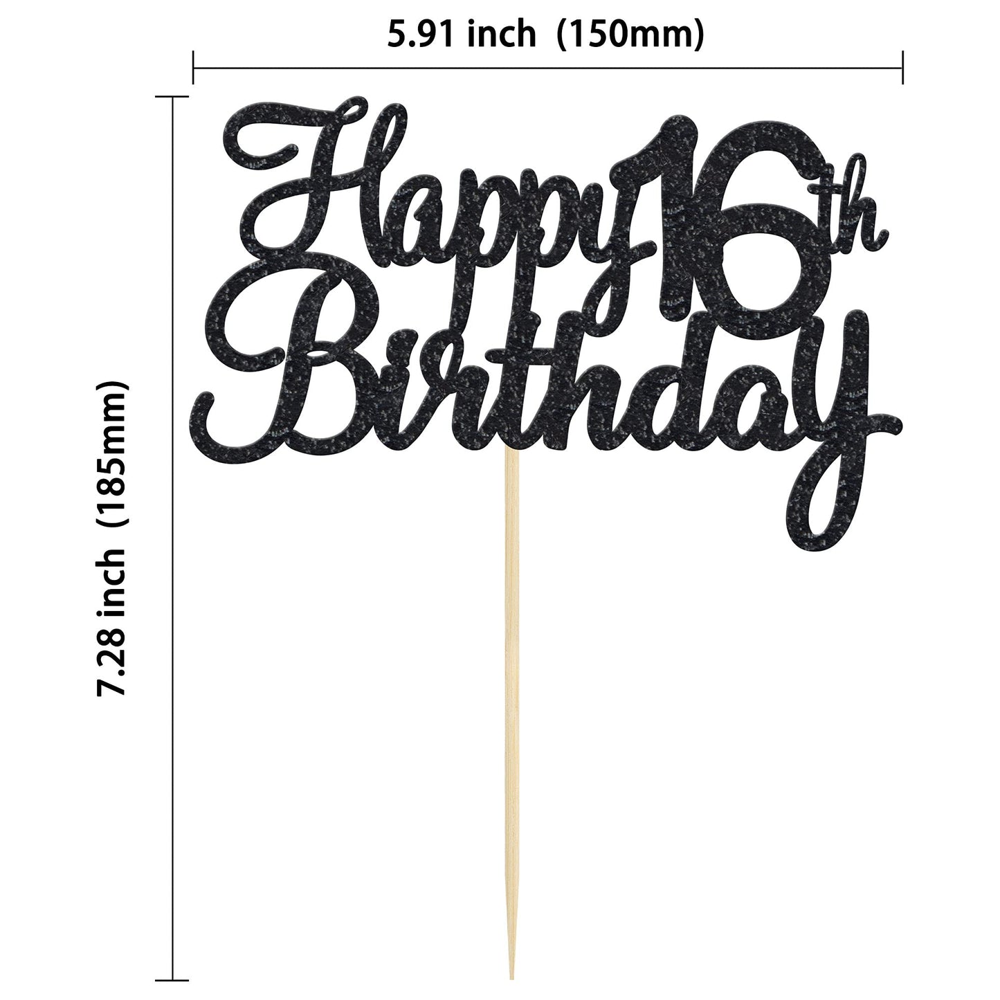 Gyufise 1Pack Happy 16Th Birthday Cake Topper Black Glitter Happy 16 Birthday Cupcake Topper 16 Birthday Cake Decoration For Che