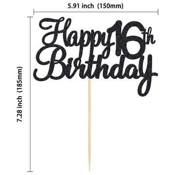 Gyufise 1Pack Happy 16Th Birthday Cake Topper Black Glitter Happy 16 Birthday Cupcake Topper 16 Birthday Cake Decoration For Che