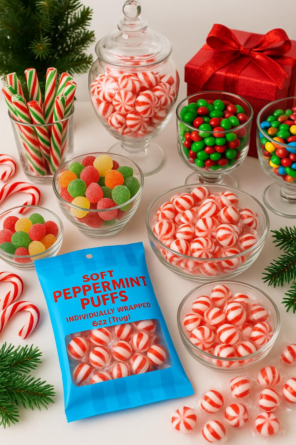 Peppermint Puff Candy | Soft Breath Mints Individually Wrapped | For Holiday Office Reception Party Favor Birthday Gift | 2 Pack Bag (6 Oz Each)