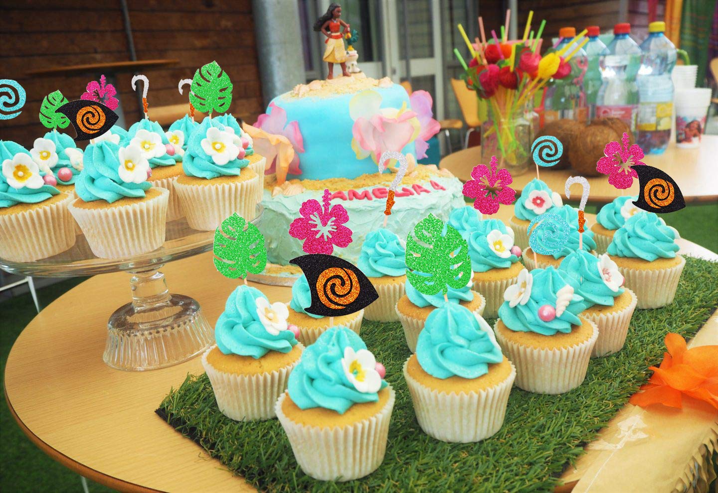 Jevenis 30 Pcs Glittery Moana Inspired Cupcake Toppers Moana Cake Toppers Hawaiian Birthday Party Decoration For Tropical Luau S