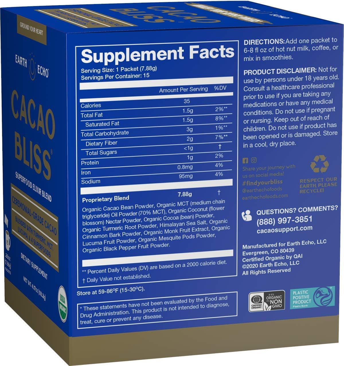 Earth Echo: Cacao Bliss - Organic Chocolate Cacao Powder Mix With Cinnamon, Turmeric, Mct Oil And Lucuma Unsweetened Cocoa Powde