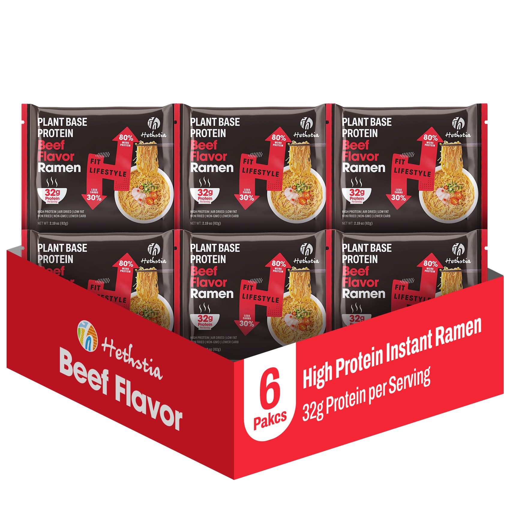 Hethstia Protein Ramen Spicy Beef Flavor, 6-Pack High-Protein Instant Noodle Meal, Plant-Based 32g Protein, Vegan, Non-GMO, Low 