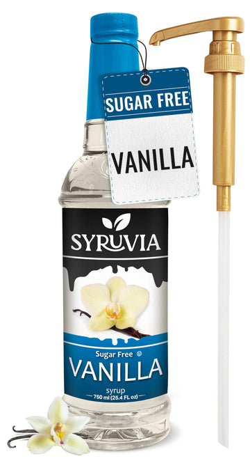 Syruvia Sugar Free Vanilla Syrup With Syrup Pump Dispenser - Vanilla Coffee Syrup Flavor, 25.4 fl oz, Kosher, Gluten Free, Perfe