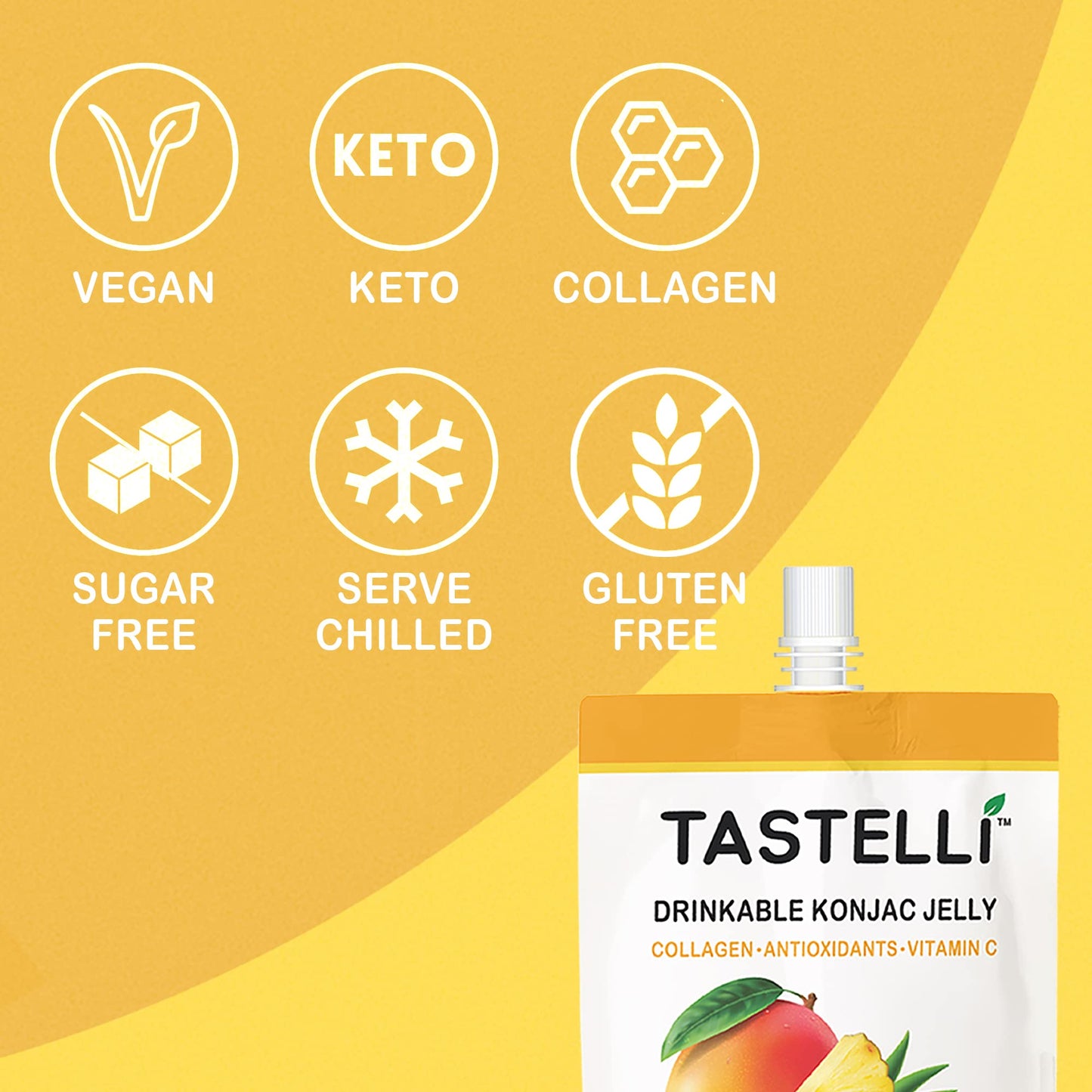 Tastelli Konjac Jelly Drink with Collagen & Vitamin C, 10 Cal, Vegan, Mango Pineapple, 150mL, Pack of 10 Pouches