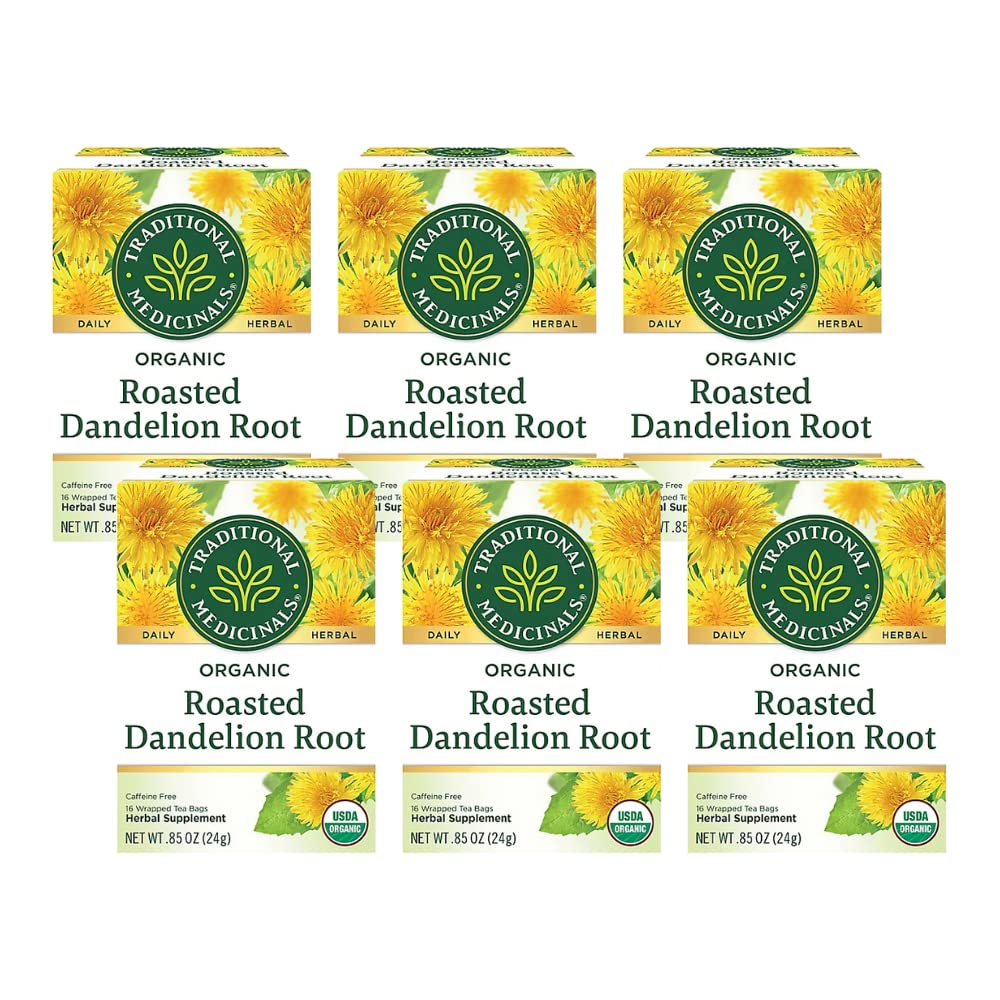 Traditional Medicinals Organic Roasted Dandelion Root Herbal Tea, Supports Healthy Digestion, Pack of 6, 96 Tea Bags Total
