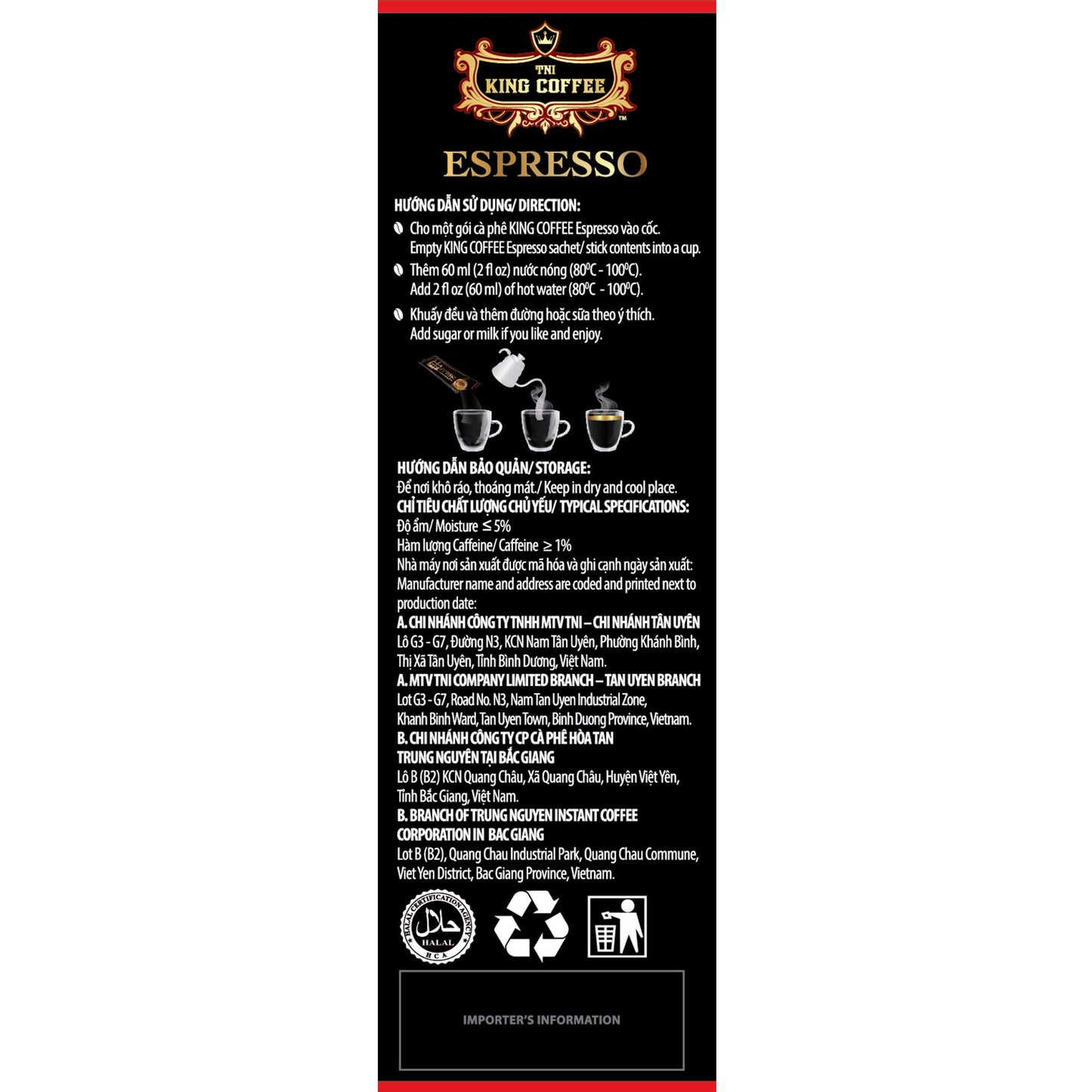 King Coffee Espresso Instant Coffee Mix - Vietnamese Arabica, Medium Roast, 15 Sticks per Box, Pack of 12, 1 Count