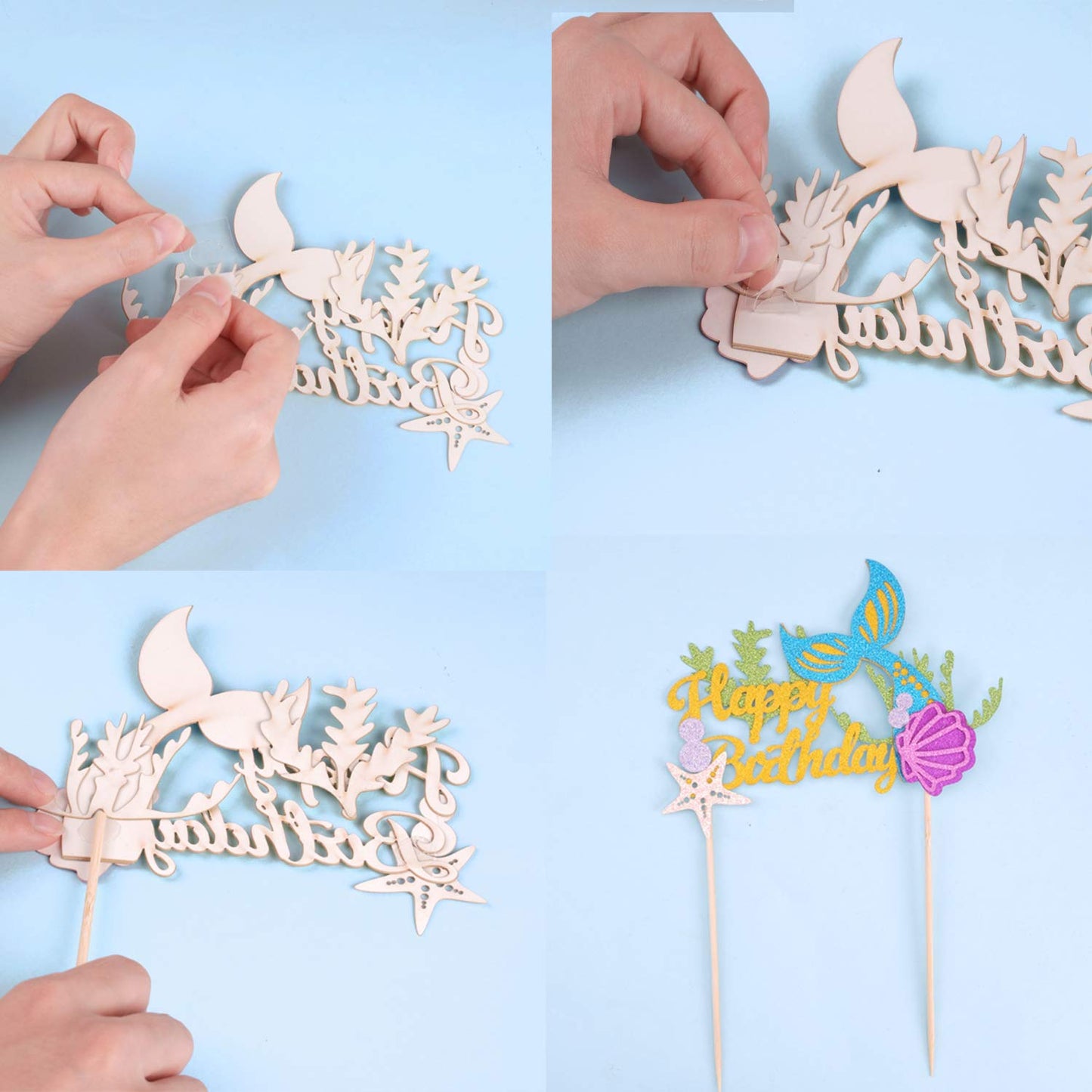 Diyasy Glitter Mermaid Cake Toppers, 6 Pack Happy Birthday Cake Decoration For Girls Party And Baby Shower