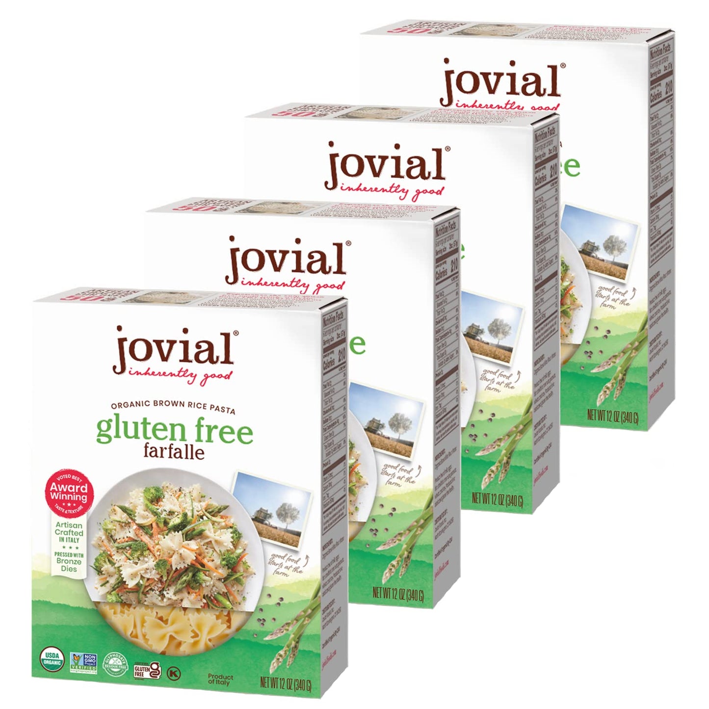 Jovial Whole Grain Brown Rice Farfalle Pasta - Whole Grain Pasta, Organic, Gluten Free, Dairy Free, Brown Rice Pasta, Made In Italy - 12 Oz, 4 Pack