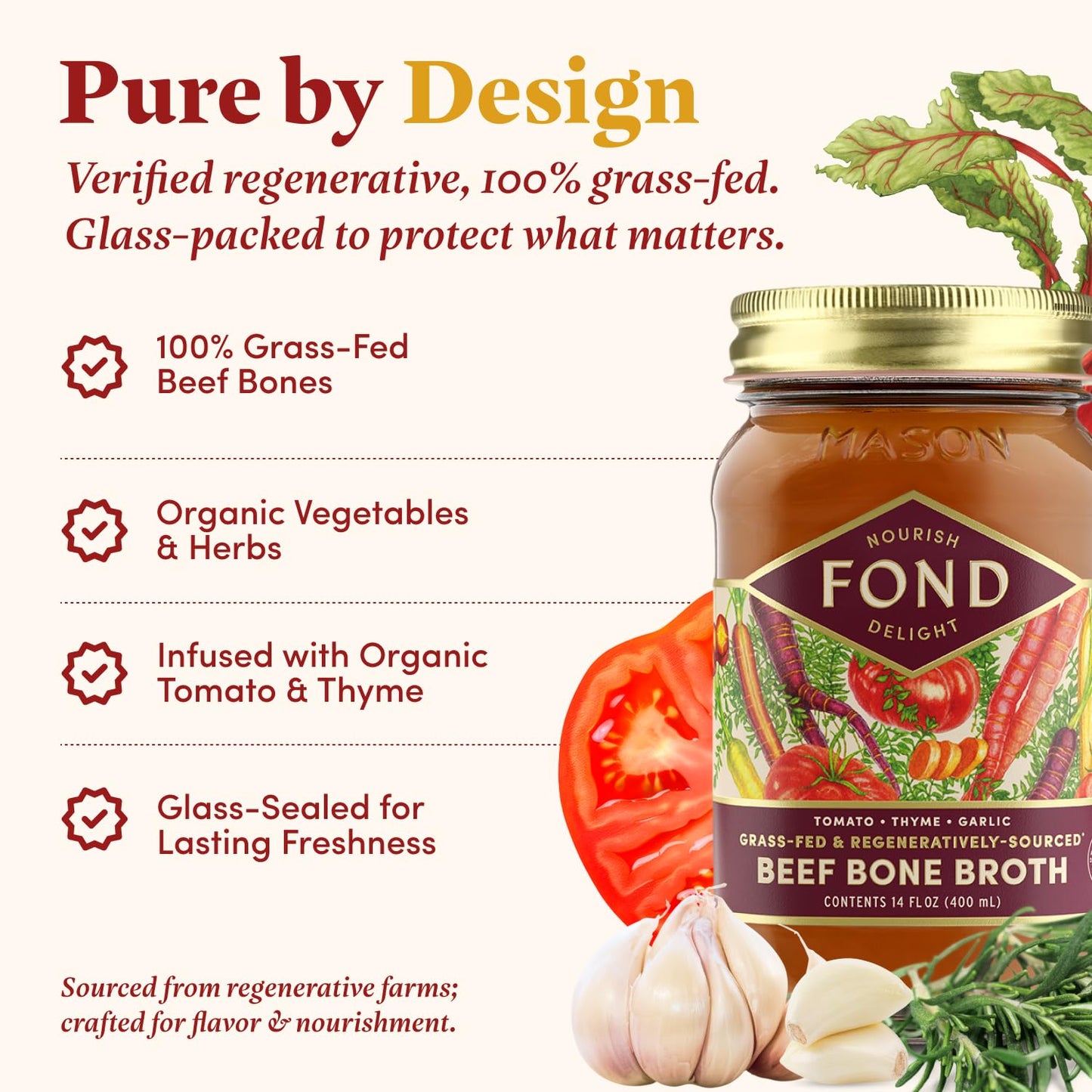 Fond Regenerative Grass Fed Beef Bone Broth Infused With Organic Tomato & Thyme – Slow-Simmered Beef Broth For Rich And Nourishing Flavor, Nutrient-Dense, Artisan Quality – 14 Oz (8-Pack)