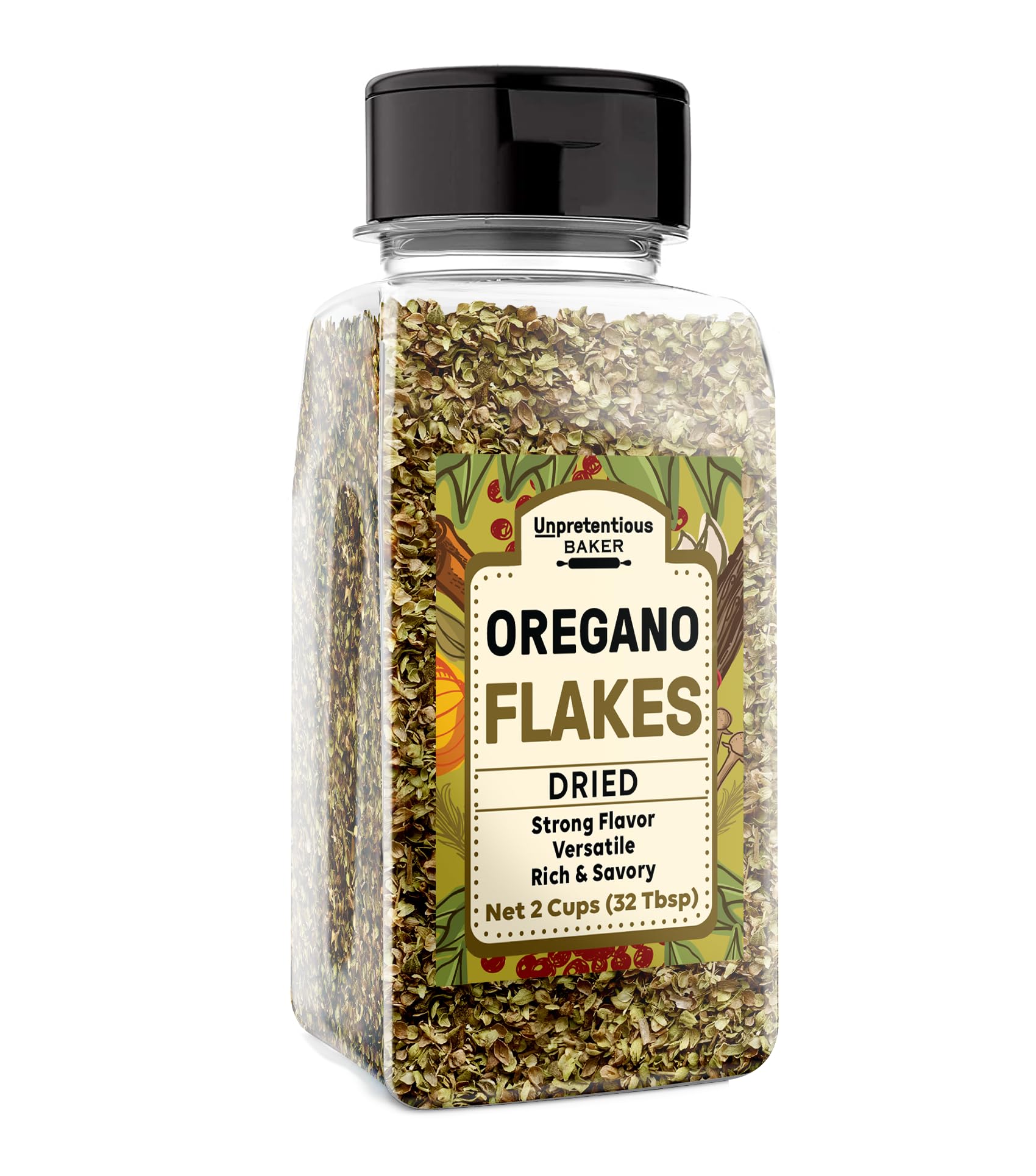 Unpretentious Oregano Leaf Flakes, 2 Cups, Rich in Flavor, Versatile Ingredient, Convenient Shaker Bottle