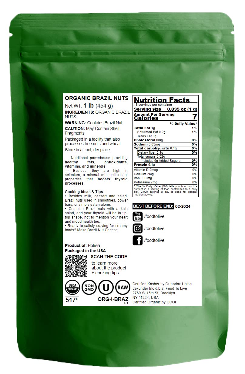 Food To Live - Organic Brazil Nuts, 1 Pound Non-Gmo, Raw, Whole, No Shell, Unsalted, Kosher, Vegan, Keto, Paleo Friendly, Bulk, Trail Mix Snack, Good Source Of Selenium.