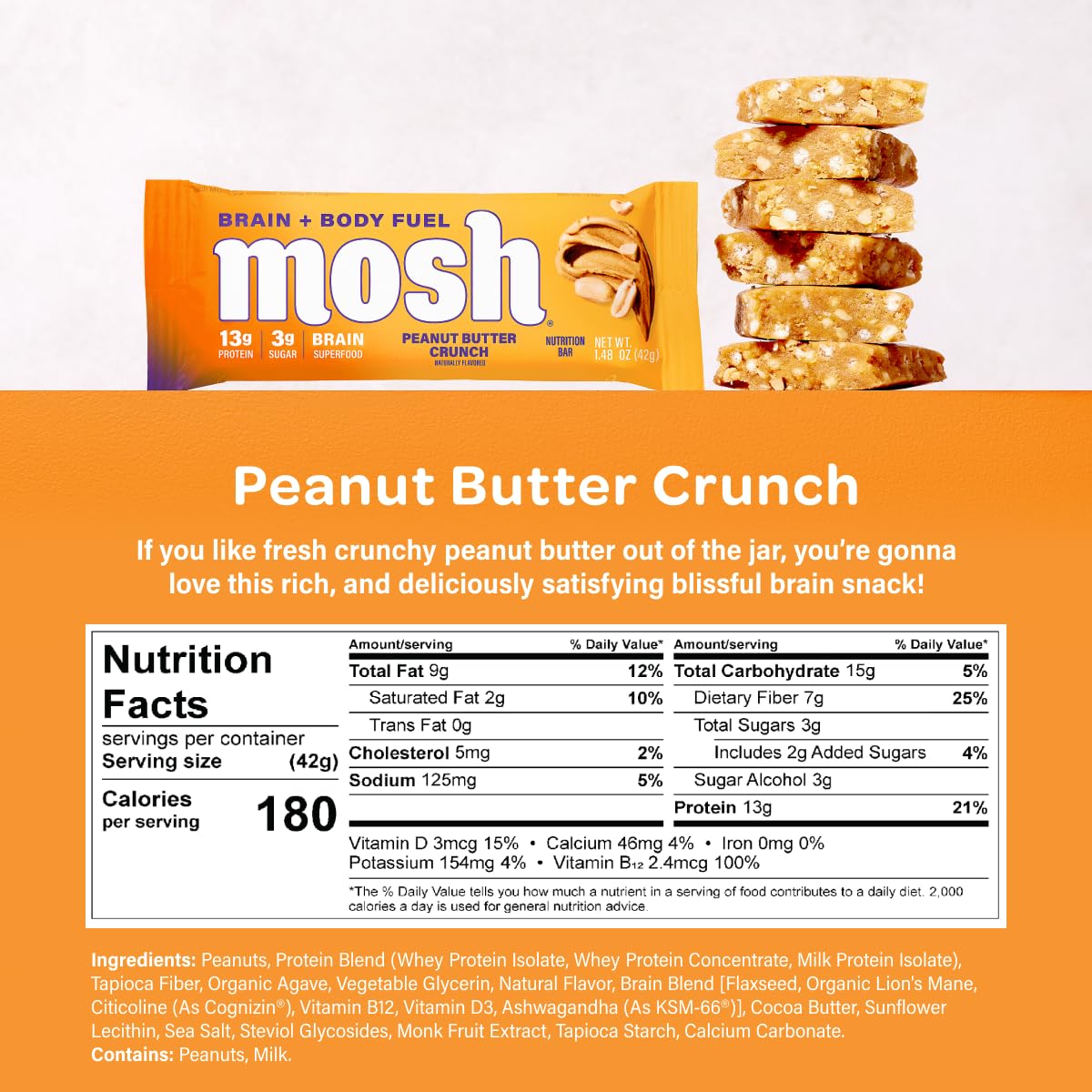 Mosh Variety Pack Keto Protein Bars, High Fiber, Low Carb, Gluten Free, High Protein, Brain Healthy Snack With Ashwagandha, Lions Mane, 15 Count