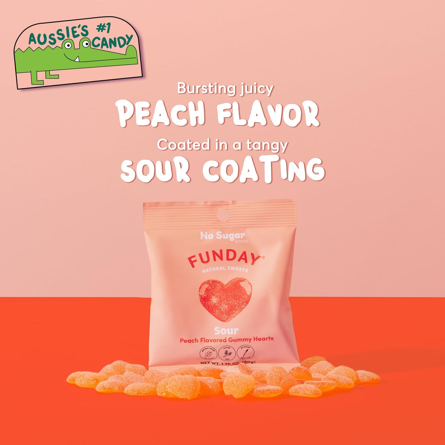 FUNDAY Sour Peach Hearts - 12 x 50g Bags - No Sugar Added - Gluten-Free Sour Candy with Natural Flavors & Prebiotic Fiber