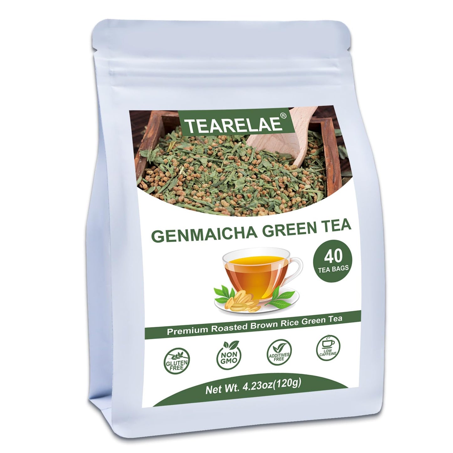 TEARELAE Genmaicha Tea - 40 Count - Green Tea with Roasted Rice - Non-GMO - Low Caffeine