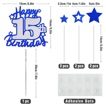 Happy 15Th Birthday Cake Topper, Blue And Silver Glitter Cake Toppers, Quinceanera Decorations, 15 Year Birthday Party Cake Deco