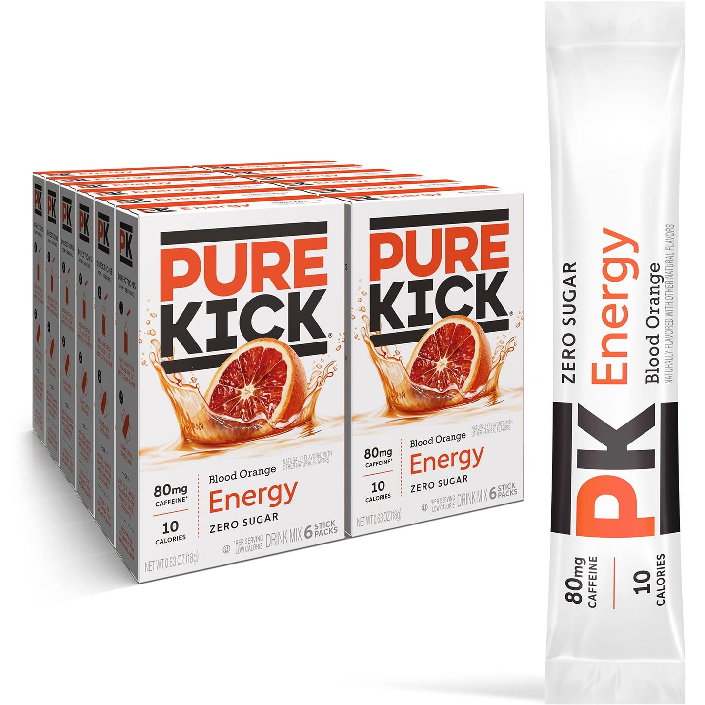 PURE KICK Energy Singles To Go Drink Mix, Blood Orange, 72 Packets (12 Boxes with 6 Packets Each)