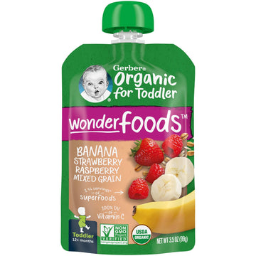 Gerber Organic Baby Food Pouches, Toddler, Wonderfoods, Banana Red Berries Granola, 3.5 Ounce
