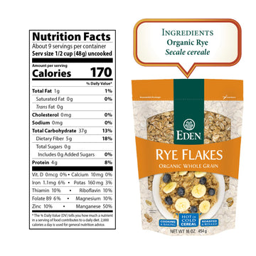 Eden Organic Rye Flakes, 16 oz, Toasted and Rolled, 100% Whole Grain, Cereal, Hot or Cold