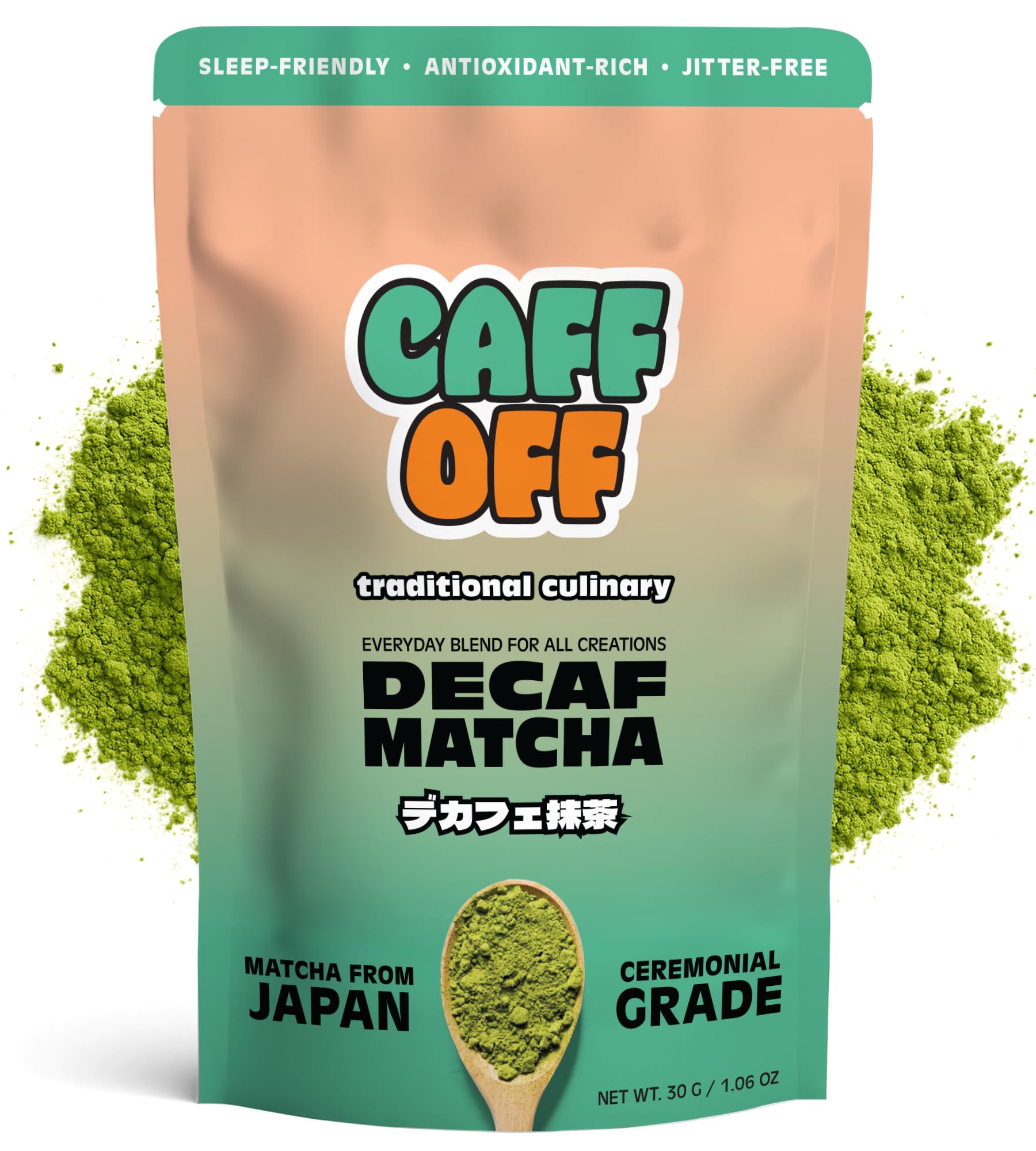 Caff Off Decaf Matcha Green Tea Powder From Japan - 1.06 oz / 30 g Culinary Grade - Naturally Decaffeinated Using No Chemicals - Tested For Heavy Metals & Pestacides - First Harvest & Shade Grown Caffeine Free Matcha Powder