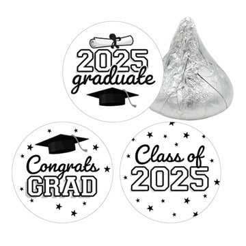 Black and White Graduation Candy Stickers for Kisses Chocolate Drops, Class of 2025 Grad Party Favors Decorations - 180 Labels, 