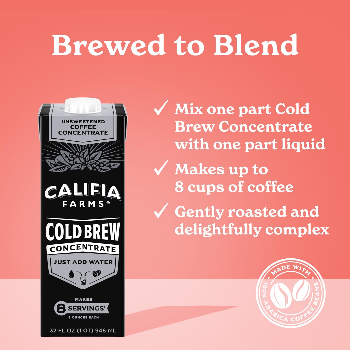 Califia Farms - Unsweetened Cold Brew Coffee Concentrate, 32 Oz, 100% Arabica, Shelf Stable, Plant Based, Vegan, Gluten Free, No