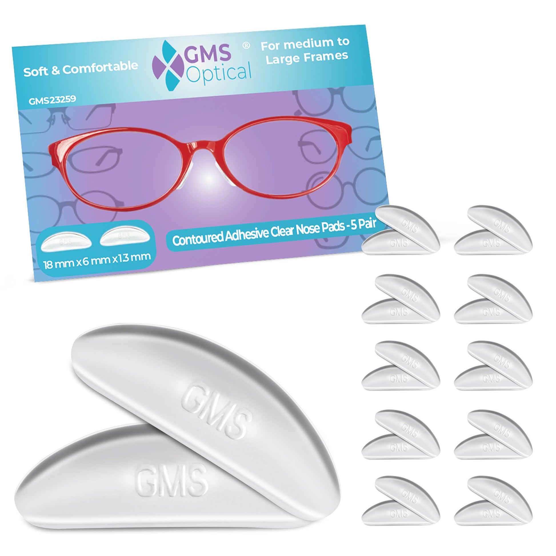 Gms Optical? Extra-Thin (1.3Mm) Large-Length (18Mm) Anti-Slip Adhesive Contoured Silicone Eyeglass Nose Pads With Super Sticky B