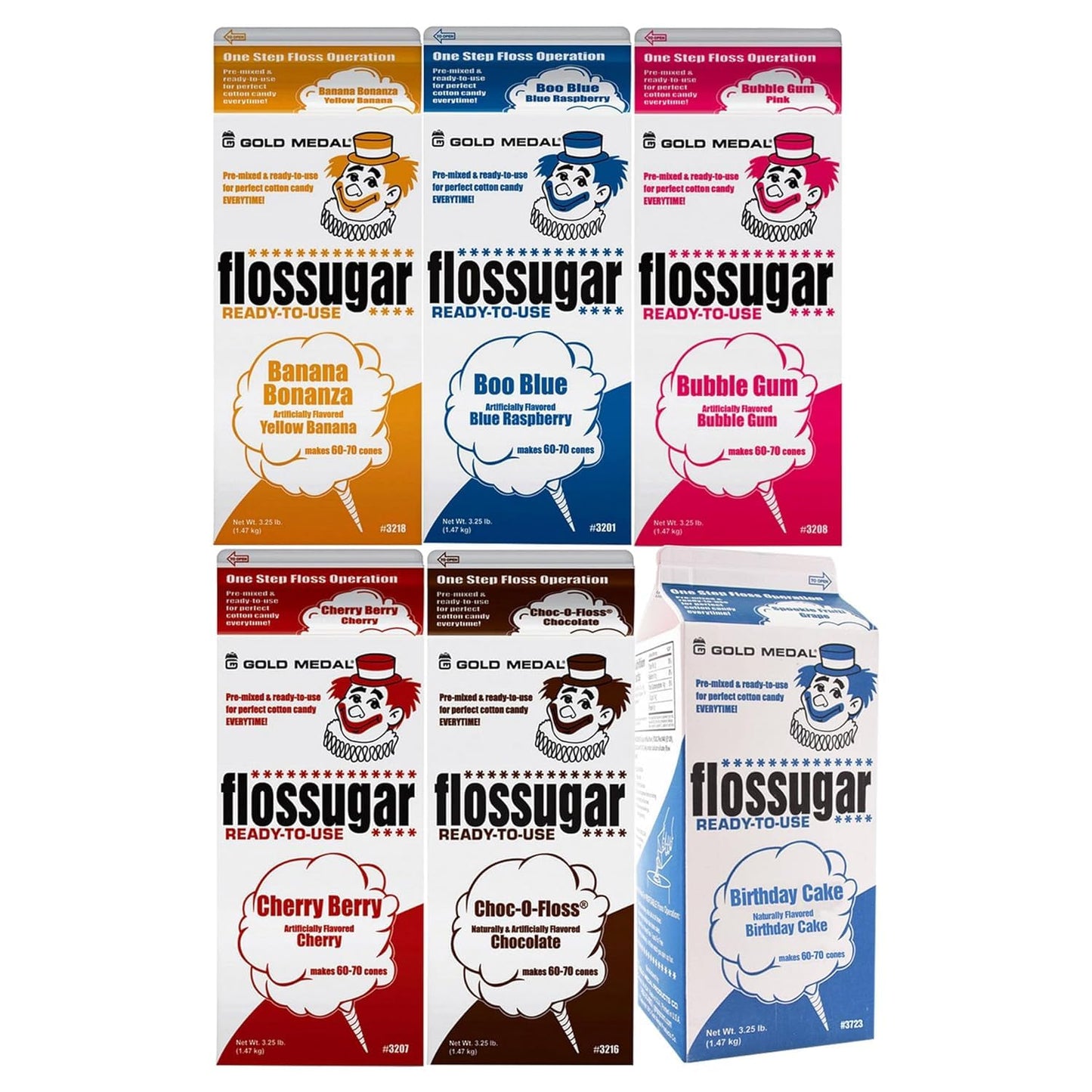 Cotton Candy Floss sugar Mix Flavors | Pack Of 6 | Blue Raspberry, Banana, Bubble Gum, Chocolate, Cherry, and Birthday Cake Flav