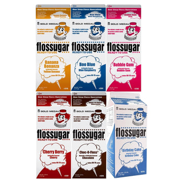 Cotton Candy Floss sugar Mix Flavors | Pack Of 6 | Blue Raspberry, Banana, Bubble Gum, Chocolate, Cherry, and Birthday Cake Flav