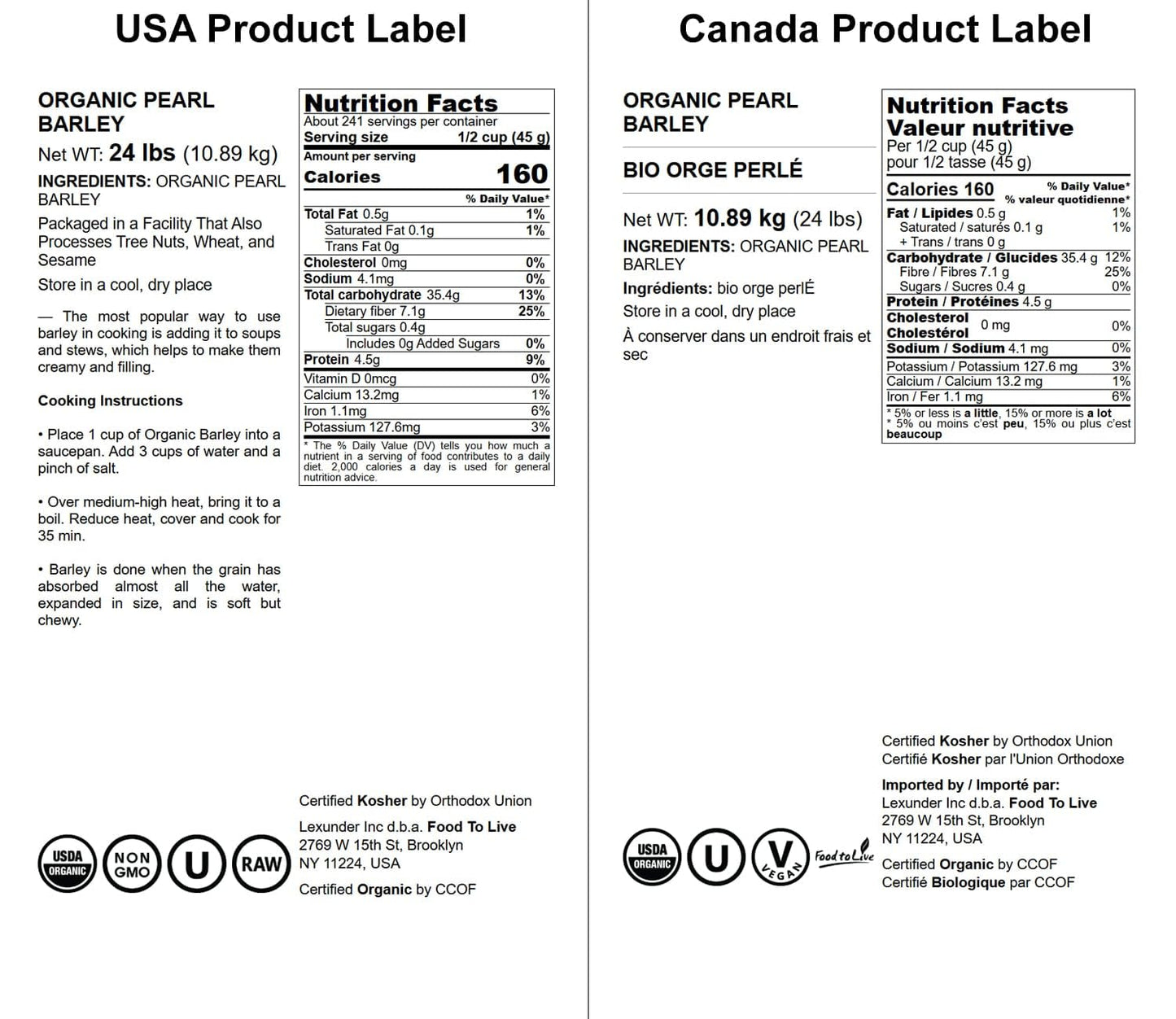 Food to Live Organic Pearl Barley, Non-GMO, Vegan, 24 Pounds, Great for Risotto, Soup, Salads, and Stews