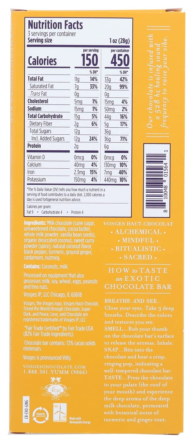 Vosges Haut-Chocolat Turmeric Ginger Chocolate Bar, 3oz - Gourmet Dark Chocolate with Exotic Flavors