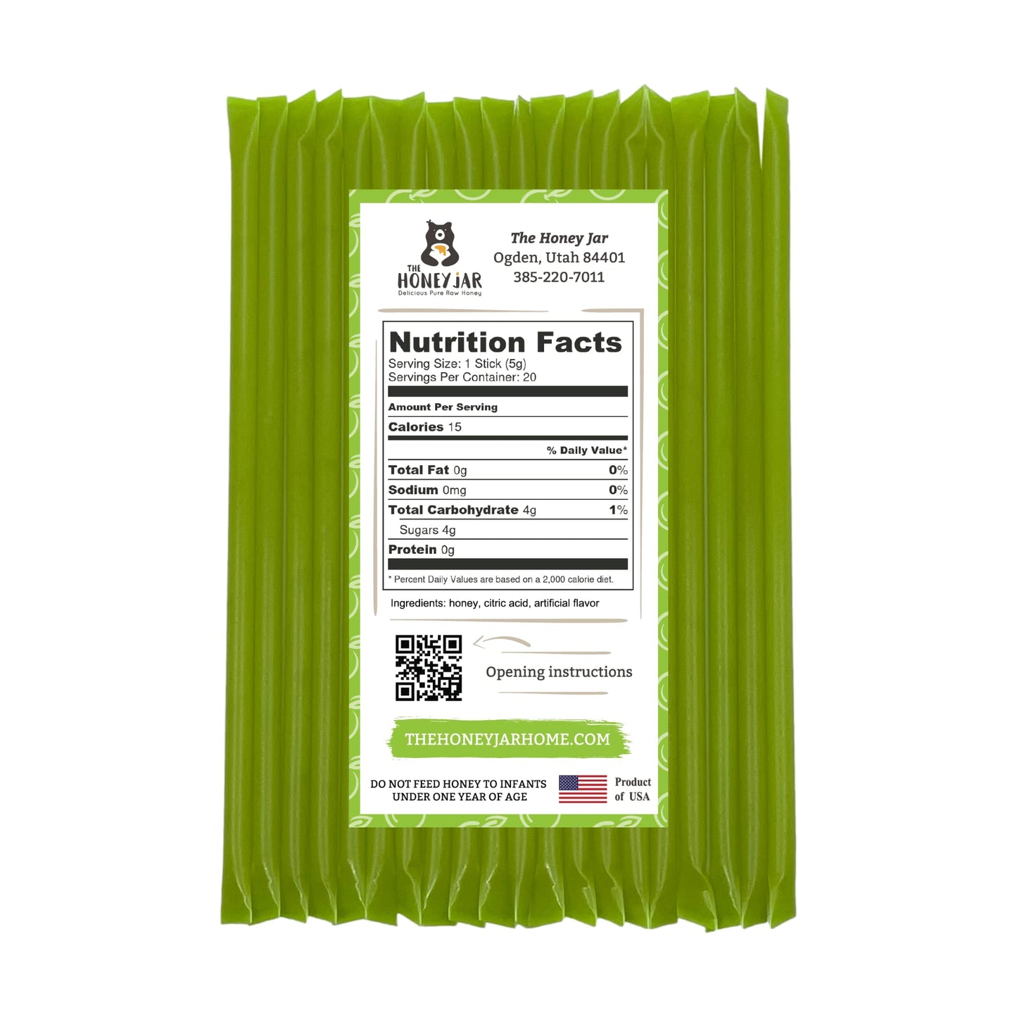 The Honey Jar Green Apple Raw Honey Sticks - 20 Count Straws for Tea & Coffee - Made in the USA