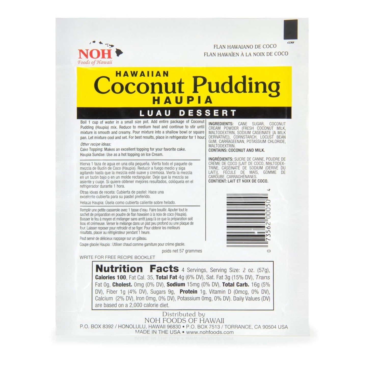 NOH Foods Coconut Pudding Seasoning Packets, 1.5 oz, Pack of 3, Flavor of Hawaii