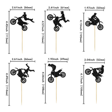 Gyufise 24Pcs Motorcycle Cupcake Toppers Black Glitter Motocross Dirt Bike Party Cupcake Picks For Sports Motocross Theme Man Bo