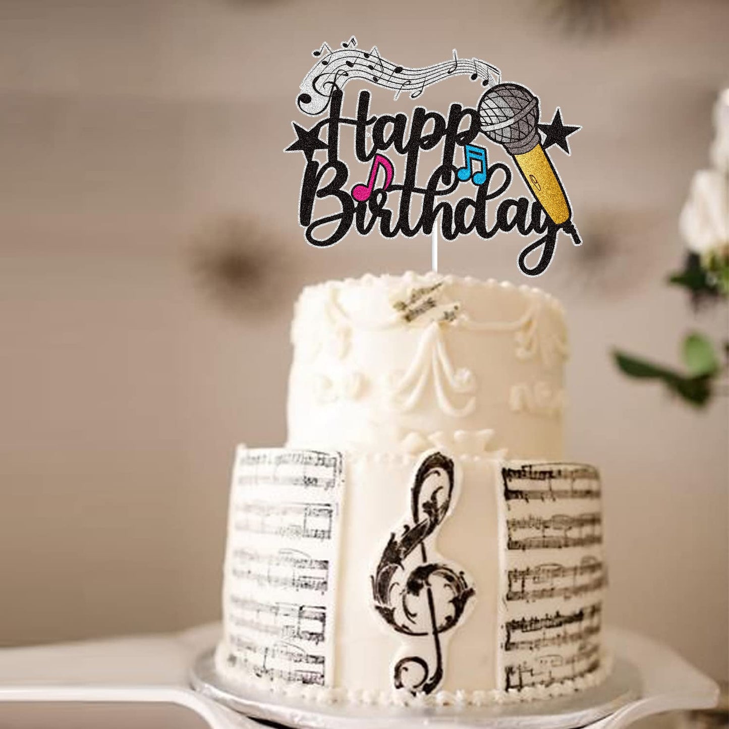 Microphone Happy Birthday Cake Topper Black Glitter Host Music Cake Decor Karaoke Musical Theme Birthday Party Supplies For Boys