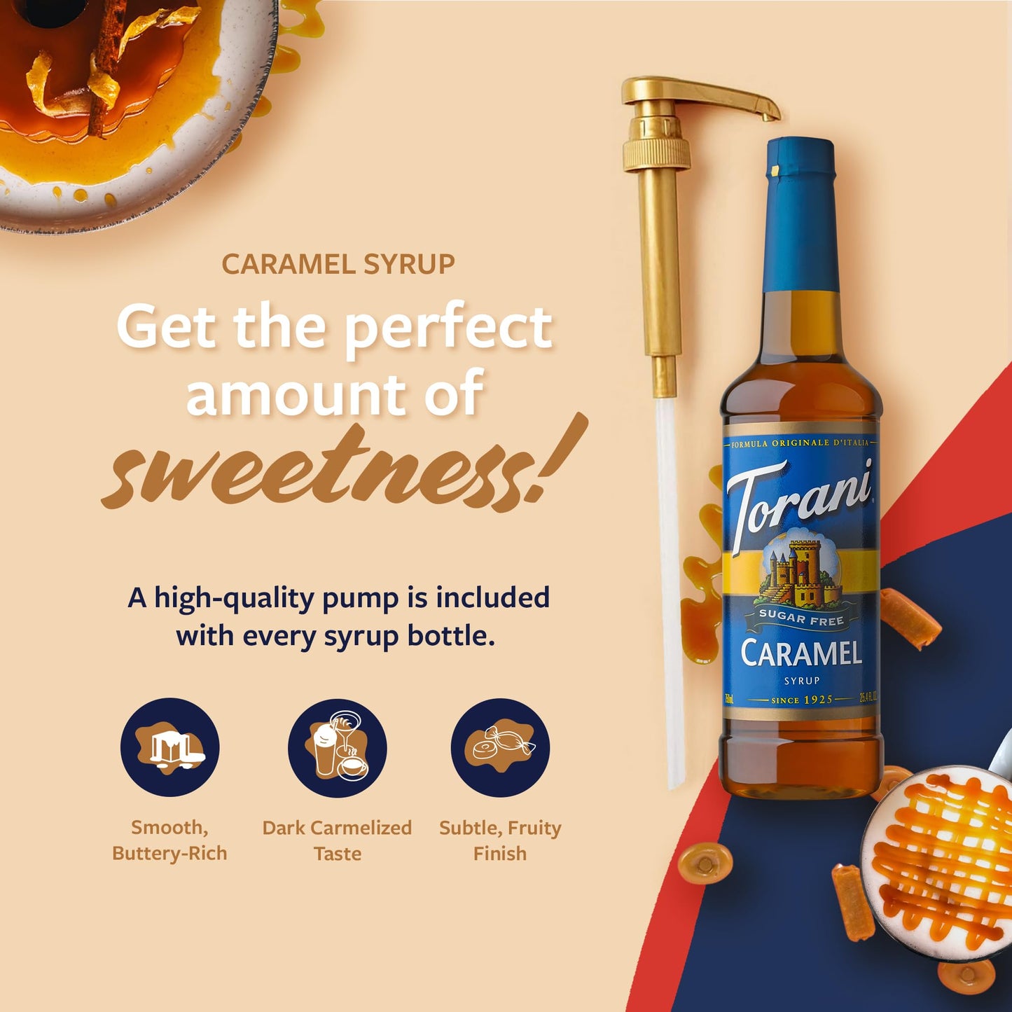 Torani Sugar Free Coffee Syrup, Caramel Syrup For Drinks, Zero Calorie, Pump Included, 25.4 Fl Oz