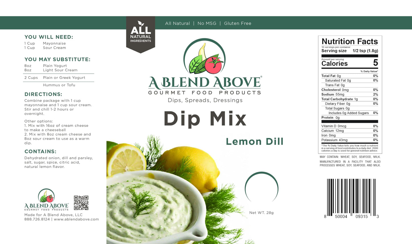 A Blend Above Lemon Dill Dip Mix Gourmet Food Product, 1 oz Packet (3 Pack), Gluten-Free, No MSG, All Natural, No Preservatives,