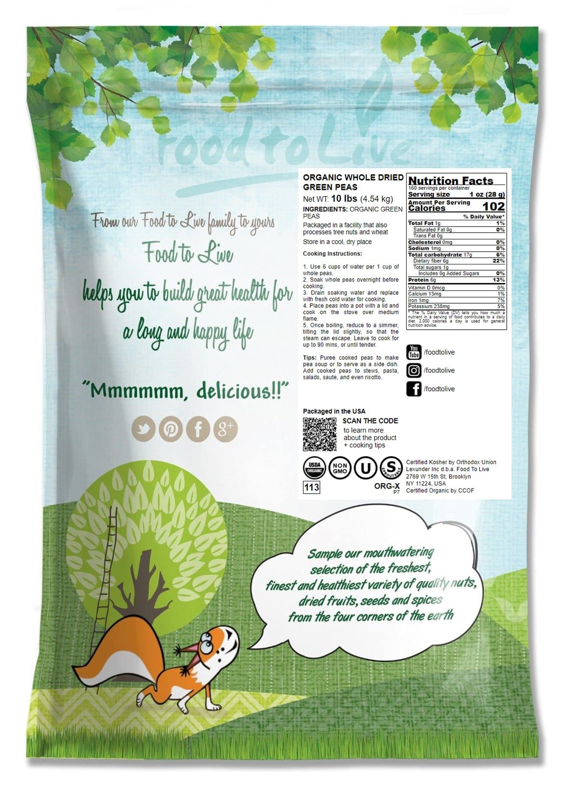 Food to Live Organic Whole Dried Green Peas, 10 Pounds - Non-GMO, Green Vatana, Sproutable, Vegan, Kosher, Bulk. Pre-Soak Needed