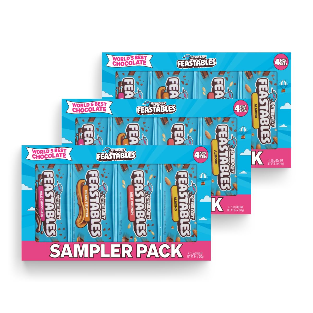 Feastables Mrbeast Sampler Variety Pack With Milk Chocolate  Peanut Butter Almond  & Milk Crunch King Size Bars  Chocolate Candy For 18+ Uses & Kids  Fairtrade Cocoa  4 Count Each  3 Pack