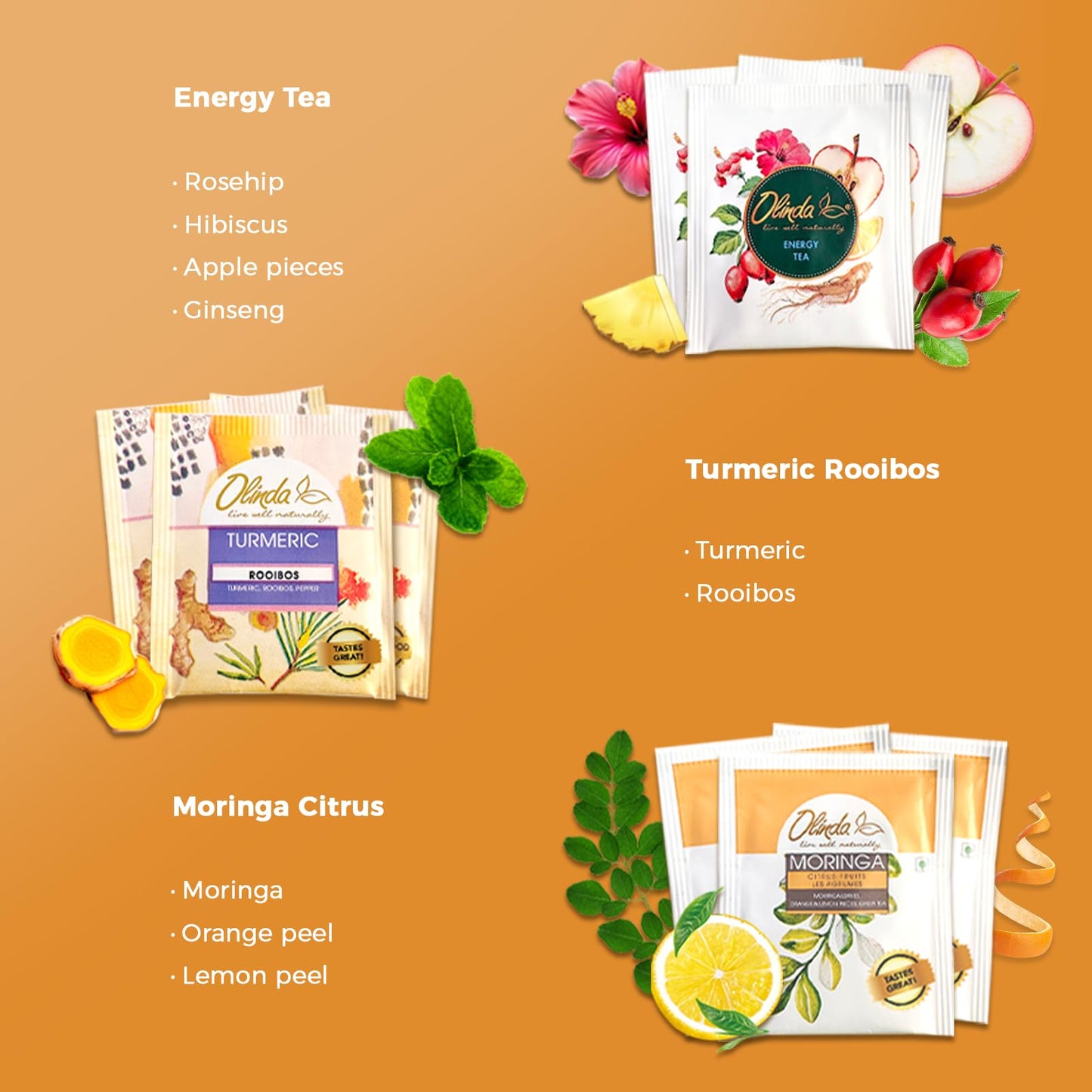 Olinda Health & Vitality Tea Gift Box - Organic Tea Bags, Low Caffeine, 45 Count, Premium Variety Pack, Individually Wrapped