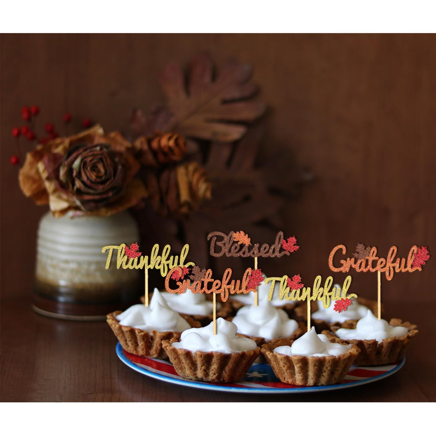 24 Pcs Fall Cupcake Toppers For Thanksgiving Day Decorations, Thankful Blessed Grateful Thanksgiving Cake Topper For Thanksgivin