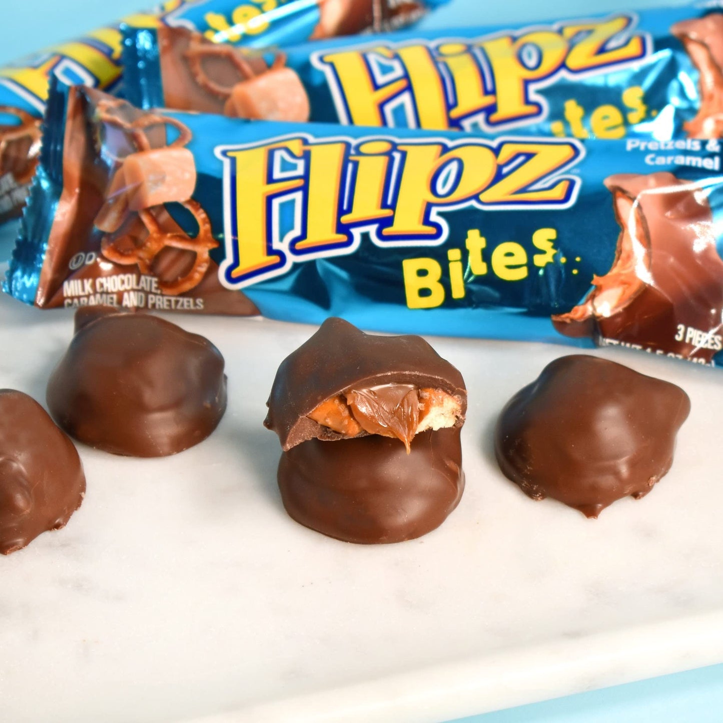 Flipz Bites Bar - Milk Chocolate, Caramel & Pretzels (1.5oz, 3-Piece Bar, 24 Count), Perfect Sweet, Salty, & Crunchy Snack For A